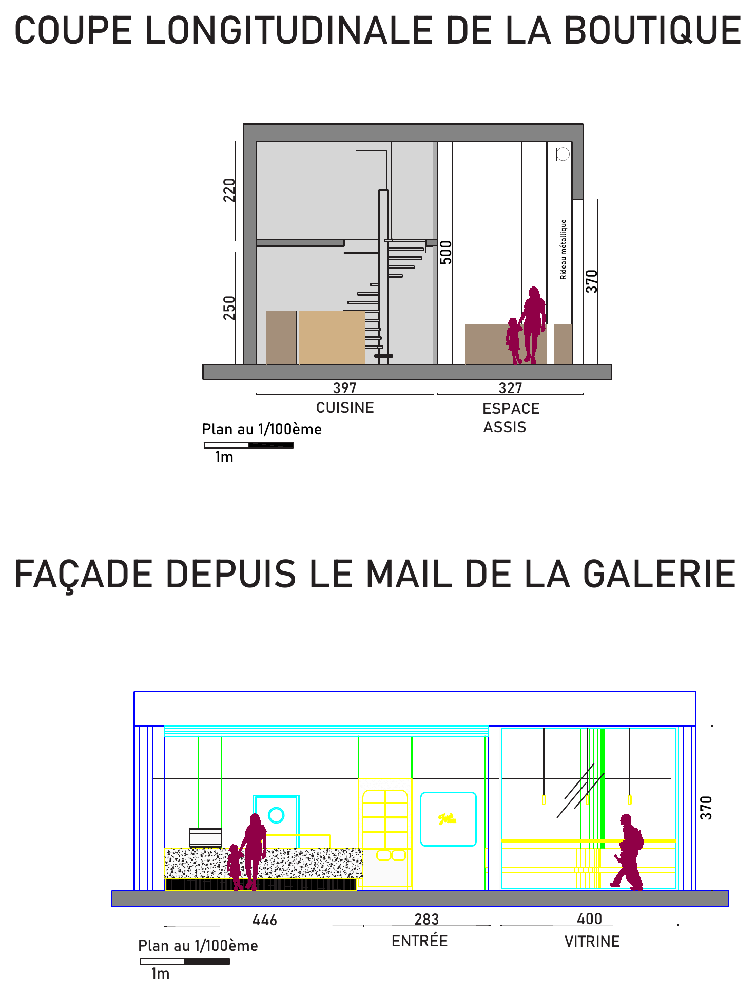 Coupe longitudinale et façade depuis le mail de la galerie