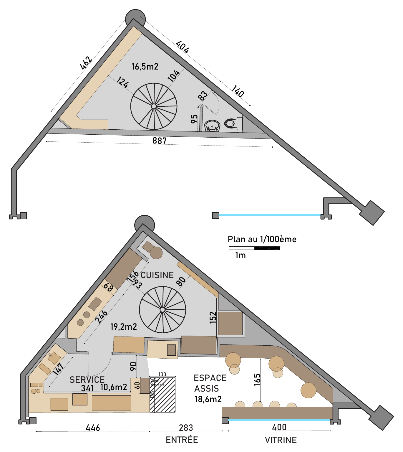 Plan d'aménagement coté avec surfaces par zone